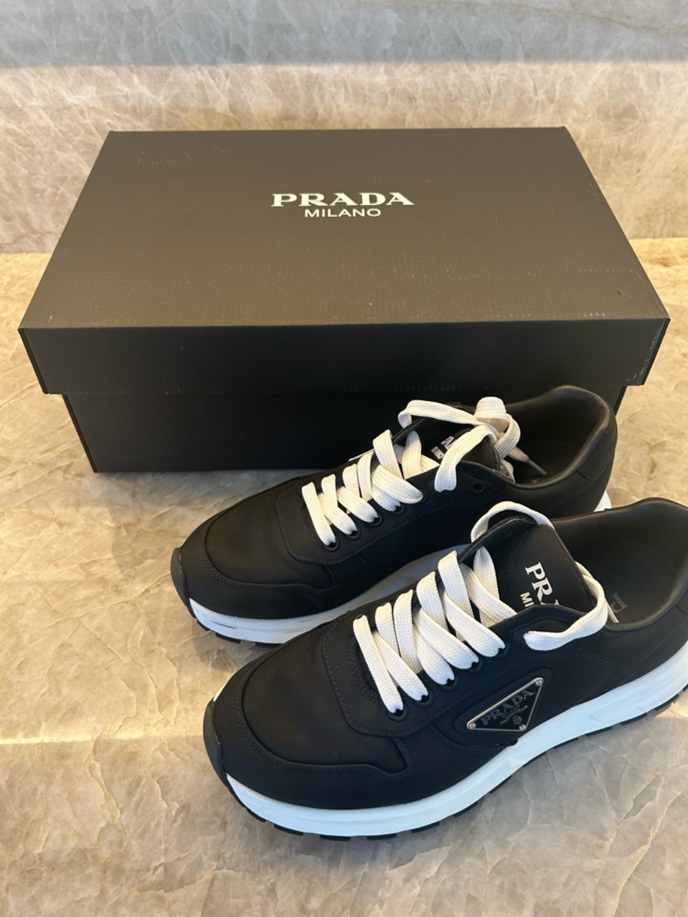 Prada Black and White Men’s Milano Runner Sneakers with Logo Patch - Picture 12 of 16